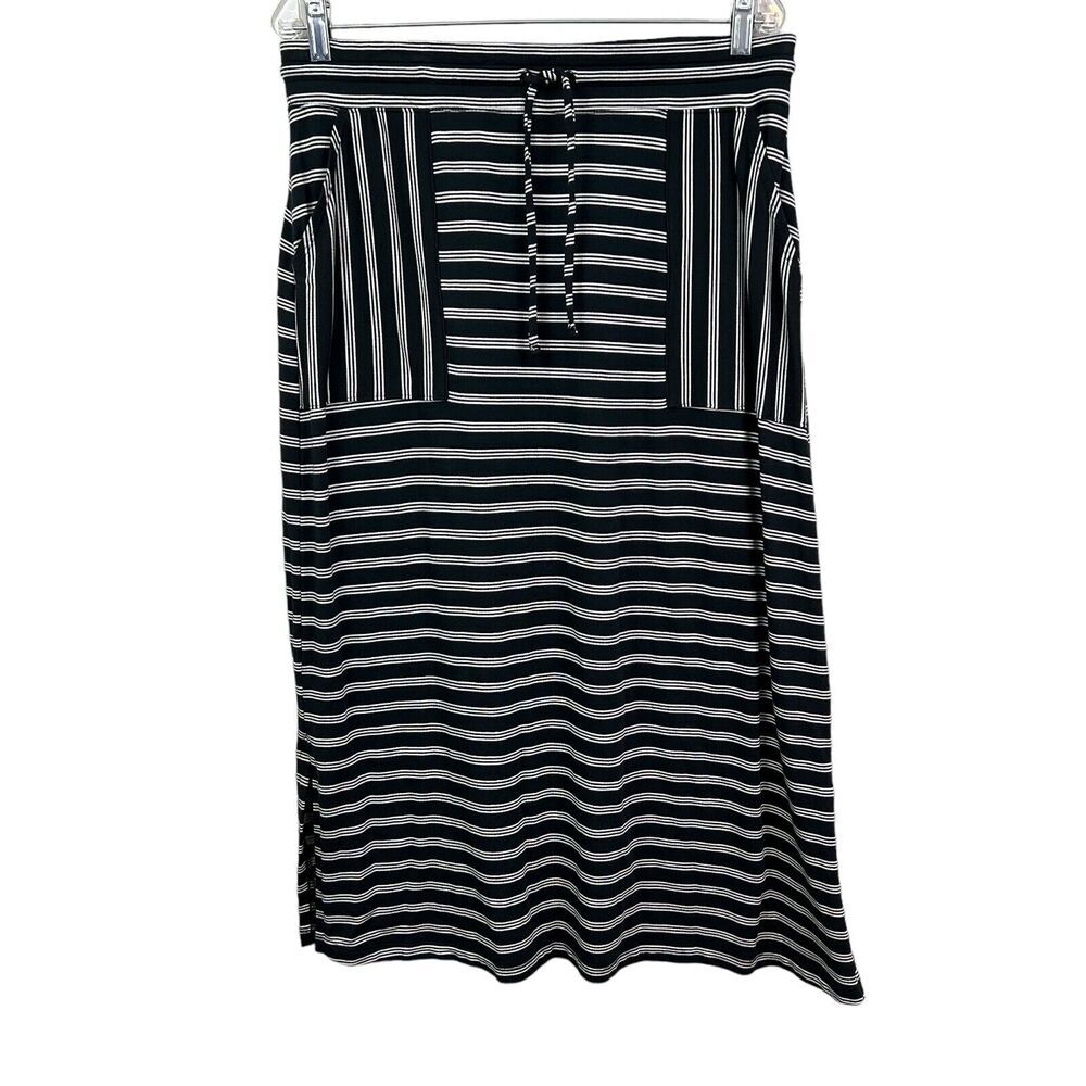 T by Talbots Womens Maxi Skirt Striped Stretch Drawstring Pockets Black White M*